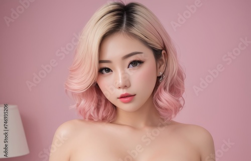 cute lady perfect face flushed pink cheeks, pink glossy lips and blond hair close up shot photo
