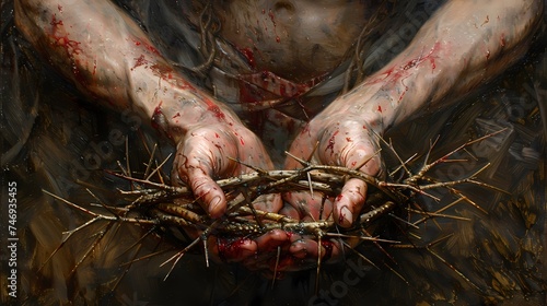 A close-up of hands tenderly holding a crown of thorns, depicting the suffering of Jesus.