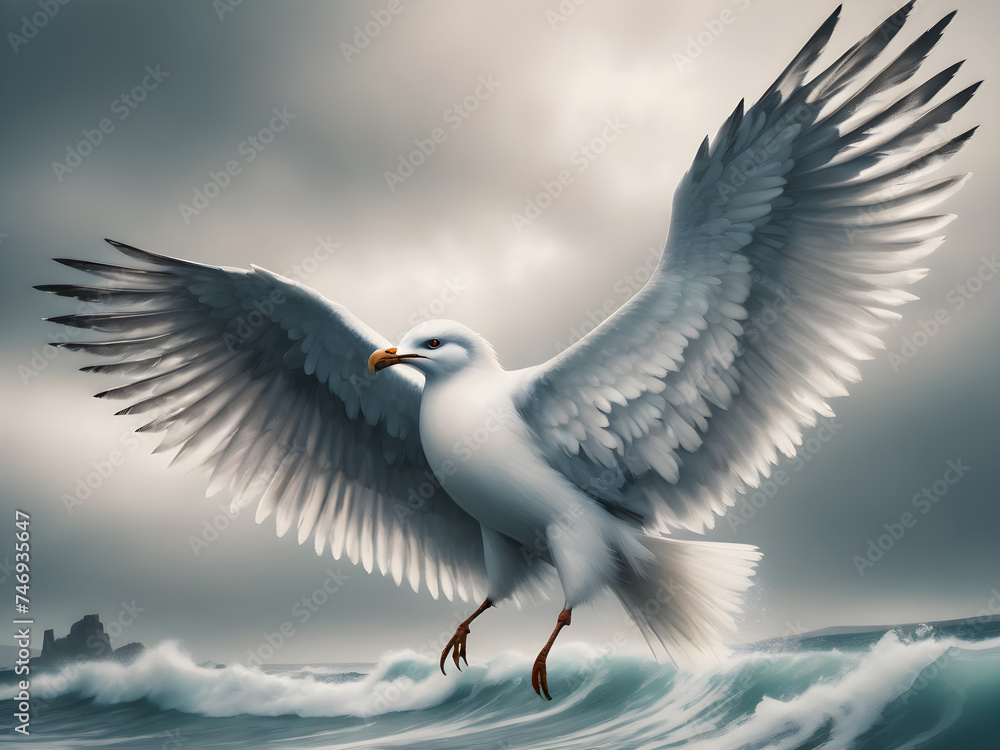 Seagull gracefully soars through the blue sky above the coastal waters, showcasing its white feathers and elegant wings Seagull gracefully soars through the blue sky above the coastal waters, showcasing its white feathers and elegant wings