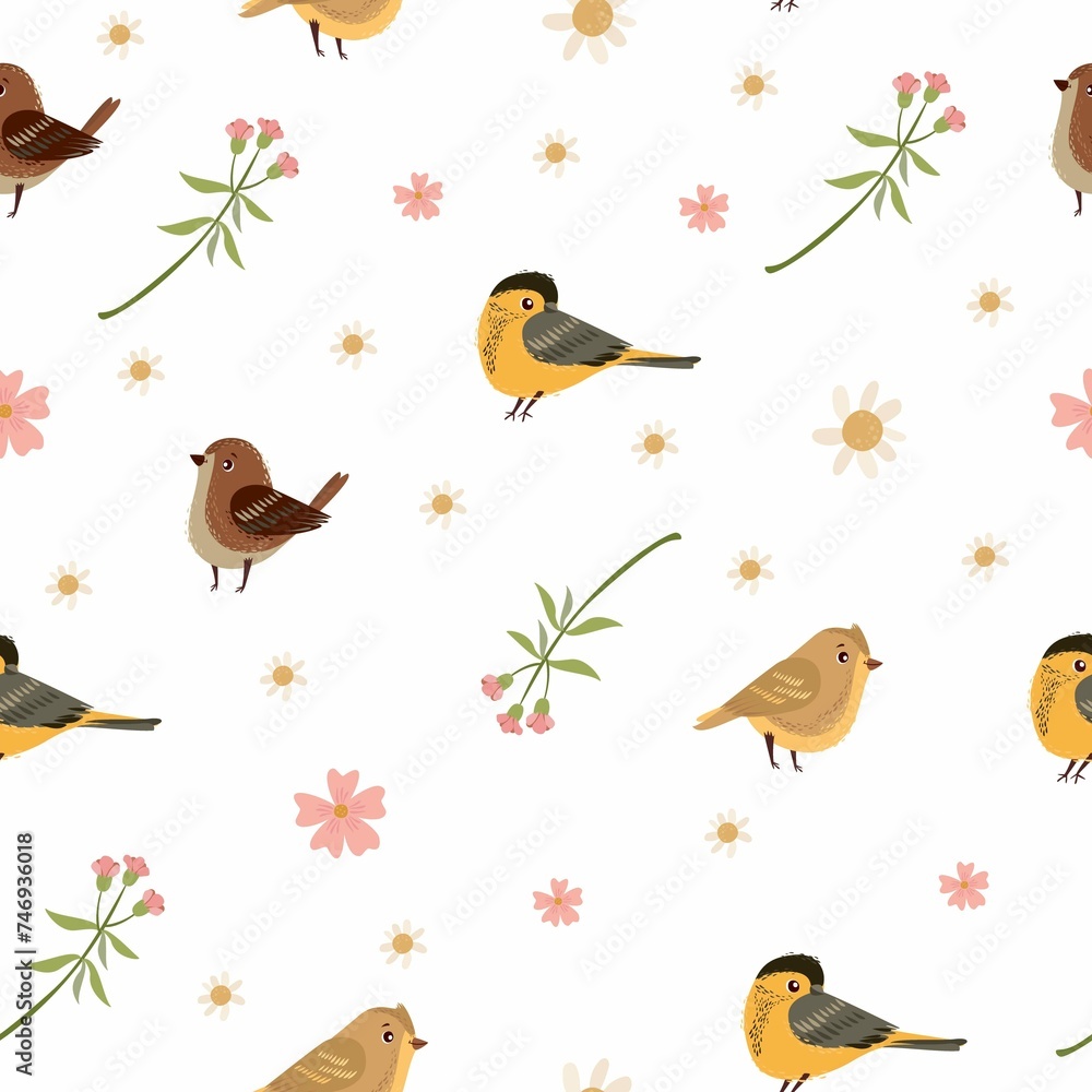 Seamless Pattern Birds Flowers