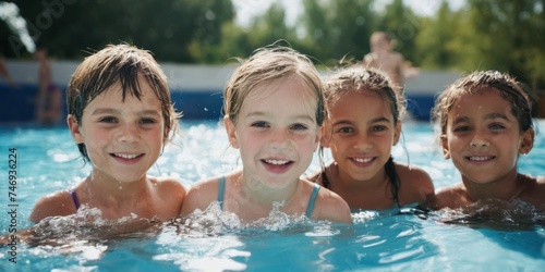 Group of children has fun in pool