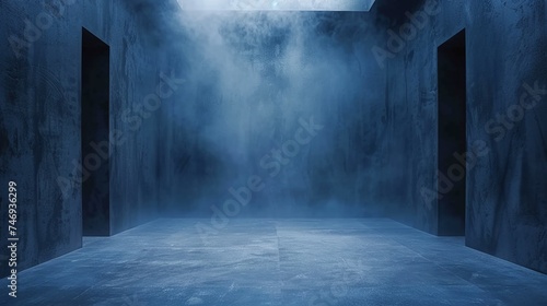 Dark empty room with concrete floor, natural light and smoke.