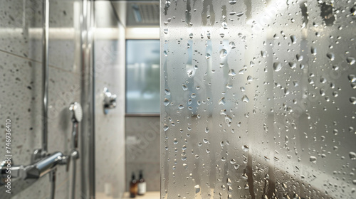  Barthroom, shower glass wall There are water drops on the glass. Generative AI illustration photo