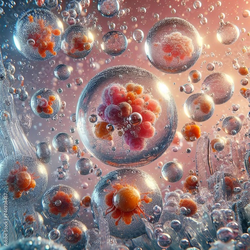 Microscopic frozen world in bubbles of air and water, life, virus and science