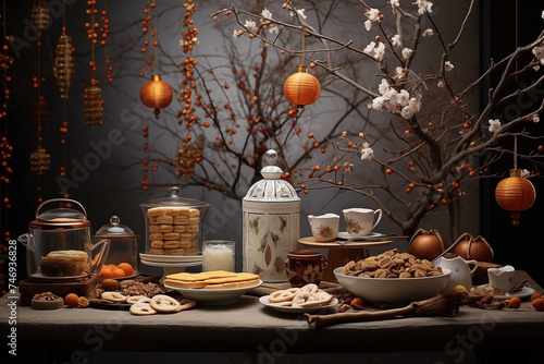 Chinese table setting includes cake, decorations, nuts, cookies, cranberries, lanterns, and ornament