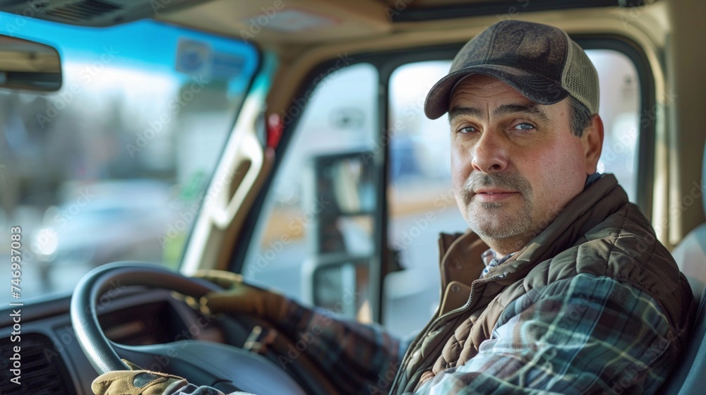 On the Road, Light truck driver behind the wheel, driving along a scenic highway or urban street, with the truck's cargo visible in the background, background image, generative AI On the Road, Light truck driver behind the wheel, driving along a scenic highway or urban street, with the truck's cargo visible in the background, background image, generative AI