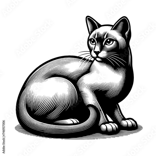 Black and white Thai cat. Vector illustration isolated on white. Vintage engraving style. 