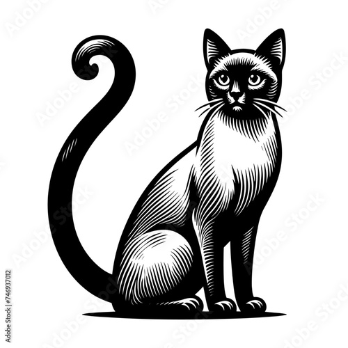 Black and white Thai cat. Vector illustration isolated on white. Vintage engraving style. 