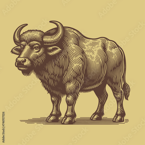 Full-length buffalo vector sketch. Engraving line art Isolated on white.