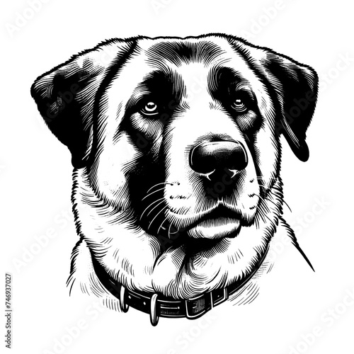 Anatolian shepherd dog portrait. Hand Drawn Pen and Ink. Vector Isolated in White. Engraving vintage style illustration