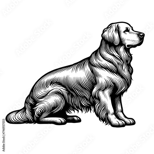 Golden Retriever dog. Vector sketch isolated in white.. Engraving style.
