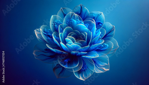 Abstract single blue flower blooming by transparent liquid fluid ink petal on blue background. 3D render style in studio light.