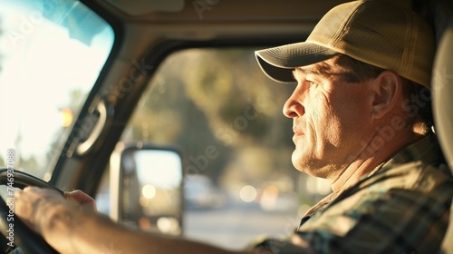 On the Road, Light truck driver behind the wheel, driving along a scenic highway or urban street, with the truck's cargo visible in the background, background image, generative AI