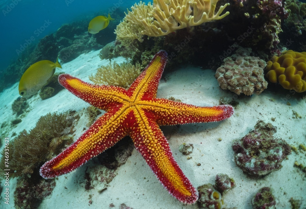Red with yellow starfish on the reef Red with yellow starfish on the reef