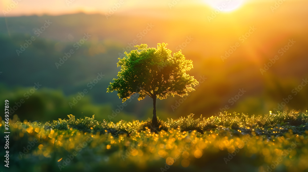 Lonely tree on the meadow at sunset, soft focus - obrazy, fototapety, plakaty 