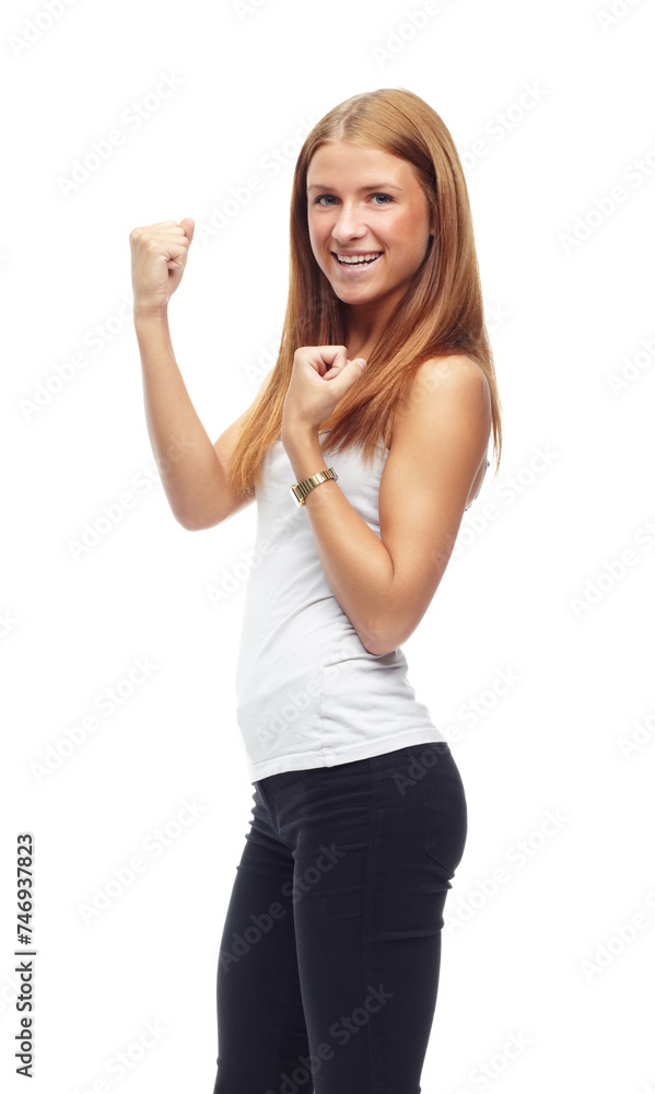 Portrait, fitness and success with sports woman cheering in studio isolated on white background. Exercise, achievement and celebration with happy young athlete proud of goals or target for training Portrait, fitness and success with sports woman cheering in studio isolated on white background. Exercise, achievement and celebration with happy young athlete proud of goals or target for training
