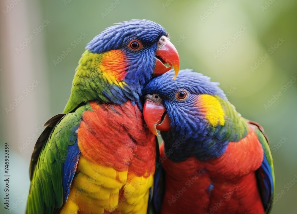 Two rainbow colored Lorikeet birds