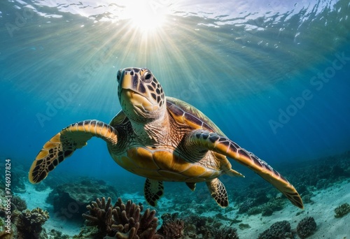 Sea turtle with sunburst in background underwater