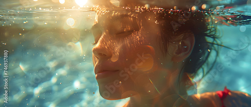 Underwater portrait of a beautiful young woman in a swimming pool.