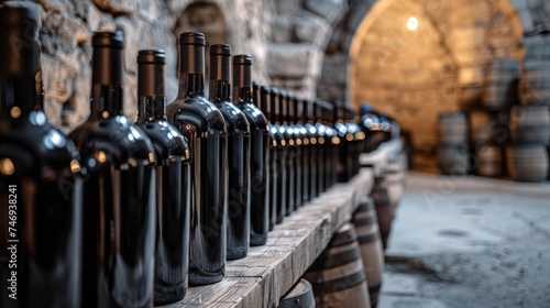 Rows of dark wine bottles stored on a wooden rack in a rustic cellar with atmospheric lighting.
