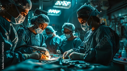 surgeon performing robotic surgery with robotic device. Medical operation involving robot. Operating room, medical surgical robot, cancerous tumor removal surgery. photo