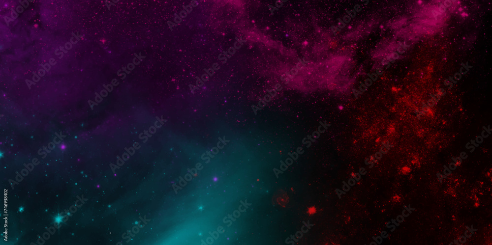 Cosmic neon light blue watercolor Paper textured aquarelle deep black canvas. Space background Fantastic outer view with realistic bright stars and cluster. Dark Magenta Galaxy Watercolor Texture