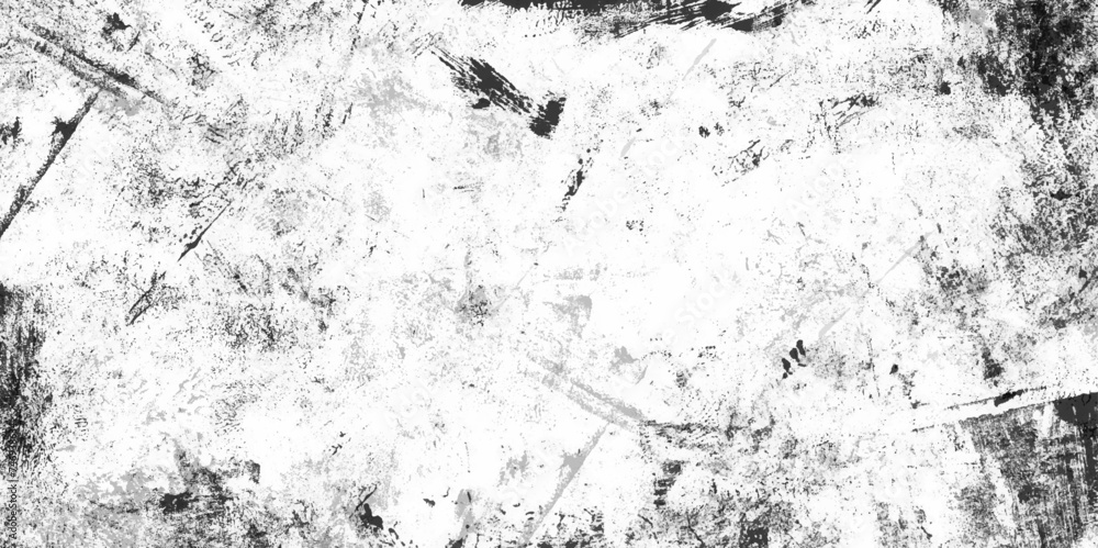 Grunge texture splash paint black and white. Abstract vector noise. Small particles on in white light seamless gray flat stucco gray stone table. Vector scratched grunge wall urban monochrome pattern.