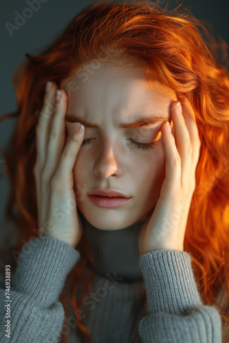People with headaches show symptoms of depression and stress. Half-body portrait of a person suffering from a headache. © VRAYVENUS