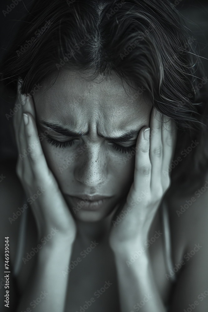 People with headaches show symptoms of depression and stress. Half-body portrait of a person suffering from a headache. People with headaches show symptoms of depression and stress. Half-body portrait of a person suffering from a headache.