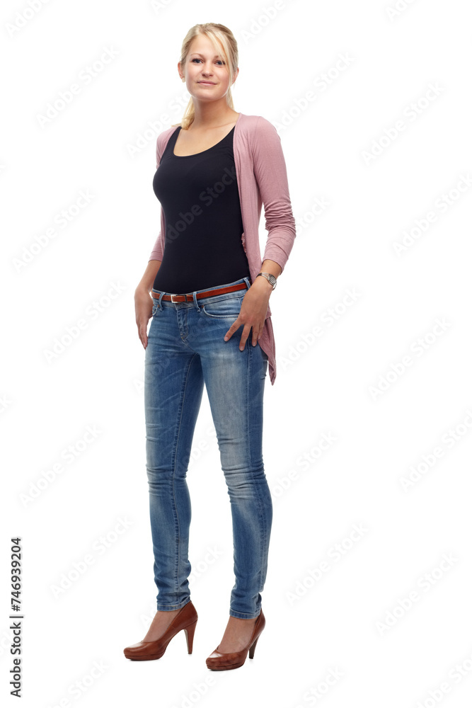Fashion, woman and casual with confidence in studio on white background, clothes and trendy outfit with heels. Female person, smile and satisfied with style, jeans and stylish with positivity. Fashion, woman and casual with confidence in studio on white background, clothes and trendy outfit with heels. Female person, smile and satisfied with style, jeans and stylish with positivity.