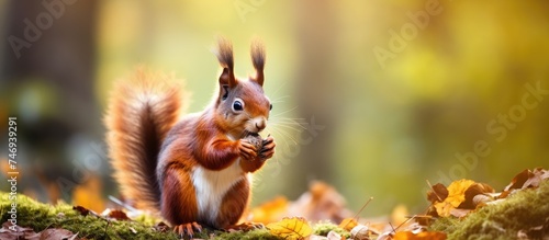 A red squirrel is seen munching on a nut in the woods, with a shallow depth of field creating a blurred background. The scene captures the squirrels natural behavior of foraging for food in its
