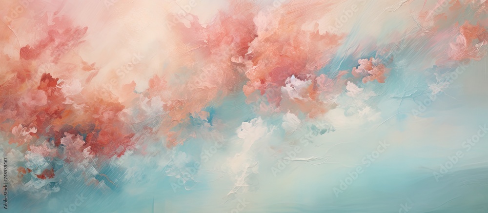 Fototapeta premium This abstract painting features swirls and splashes of pink and blue colors on a canvas. The acrylic texture adds depth and dimension to the artwork.