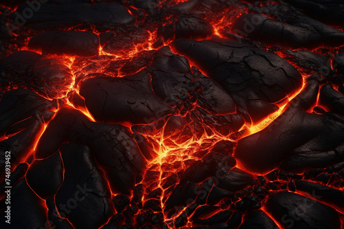 Hot lava stone cracks in the earth. Texture of the flow of volcanic magma with black frozen pieces. Lava from volcanic eruptions. Generative AI.