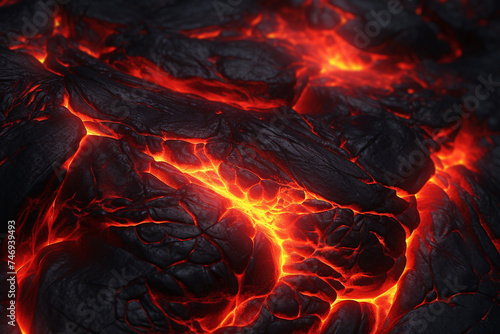 Hot lava stone cracks in the earth. Texture of the flow of volcanic magma with black frozen pieces. Lava from volcanic eruptions. Generative AI. © Canary