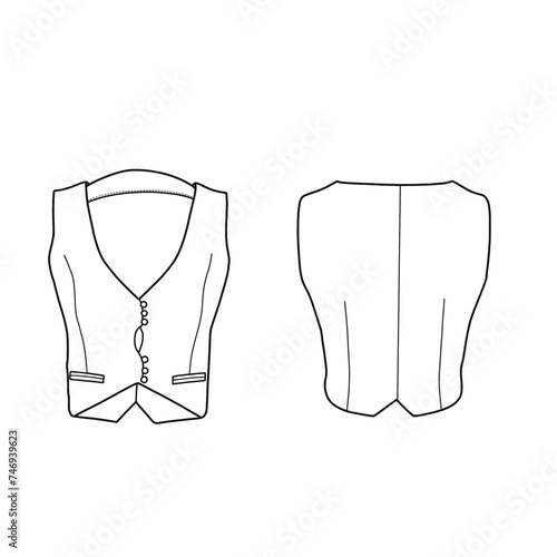 Technical sketch drawing of a cropped vest, v-neckline, button-up closure. Flat apparel template front, and back view. Flat sketch vector. Isolated on a white background.