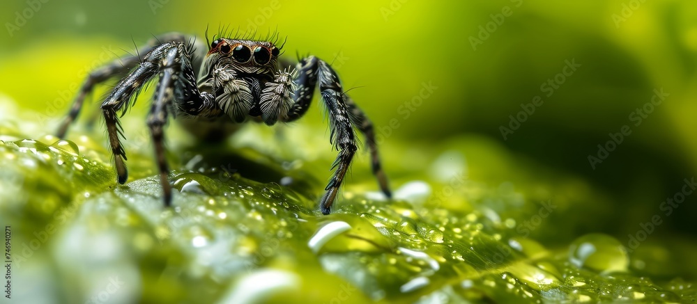 A jumping spider, an arachnid, rests on a green leaf of a terrestrial plant with water drops. The small terrestrial animal may prey on pests like insects. A jumping spider, an arachnid, rests on a green leaf of a terrestrial plant with water drops. The small terrestrial animal may prey on pests like insects.