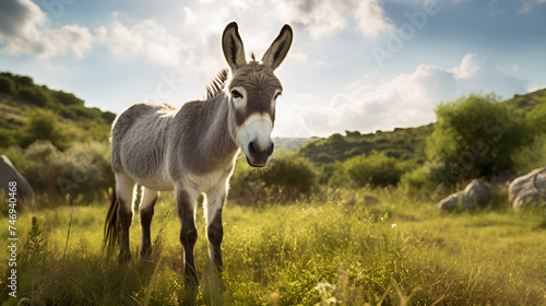 donkey in the meadow high quality photography herbivore grazing animal background under the sky with clouds