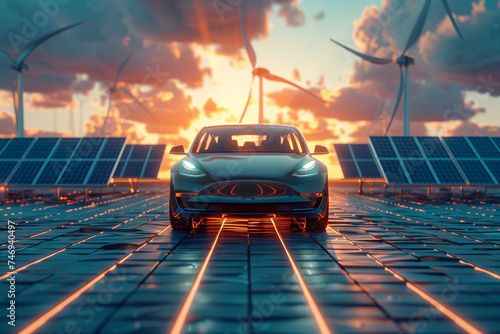 Modern electric vehicle parked on a glowing solar panel roadway with wind turbines against a vibrant sunset
