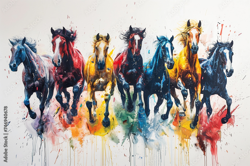 Abstract acrylic painting of horses in a vivid color splash style - obrazy, fototapety, plakaty 