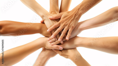 Multicultural hands together in a symbol of unity and teamwork