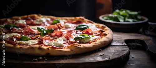 A traditional pizza topped with mozzarella, ham, and basil sits on a wooden cutting board in a kitchen setting.