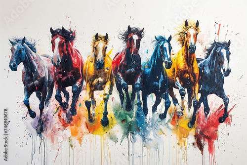 Abstract acrylic painting of horses in a vivid color splash style photo