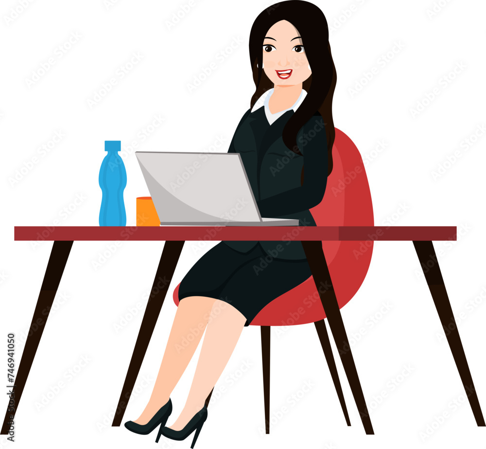 Smiling business woman sitting on office desk, working on laptop. Smiling business woman sitting on office desk, working on laptop.