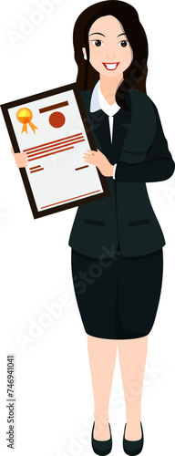 Happy business woman holding a certificate in her hand.