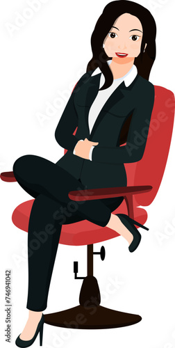 Young business woman sitting on red chair in stylish pose. 