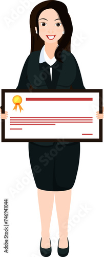 Happy business woman holding a certificate in her hand.