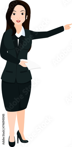 Stylish business woman pointing finger away.