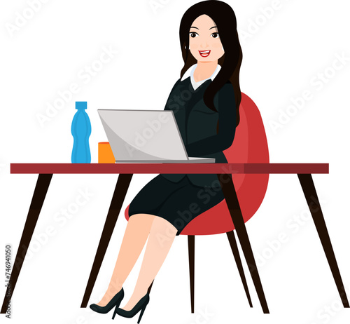Smiling business woman sitting on office desk, working on laptop.