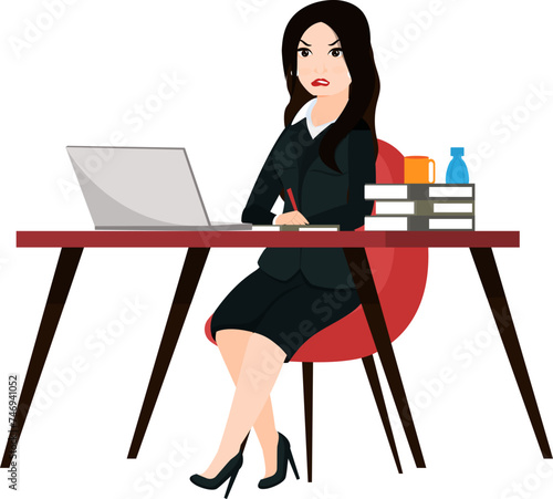 Character of business woman sitting on office desk, working on laptop.