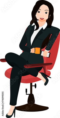 Character of business woman sitting on chair in stylish pose.